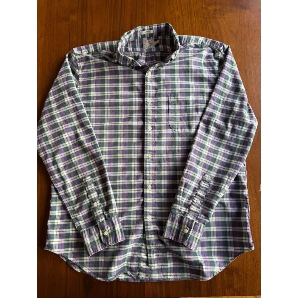 J.Crew Men's Broken-in Cotton Oxford Purple & Green Plaid Shirt - Size L